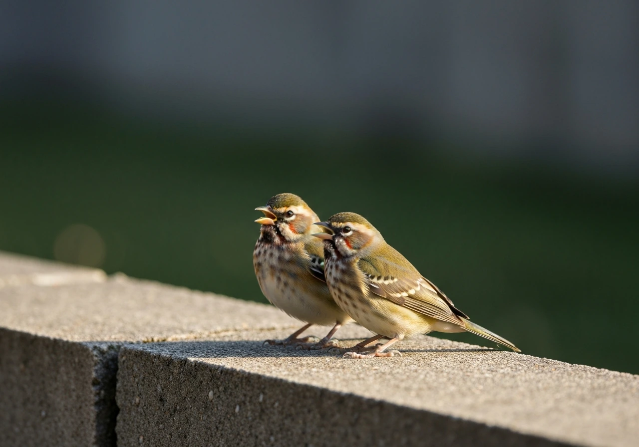 Two small songbirds perched together on a simple wall in soft natural morning light.