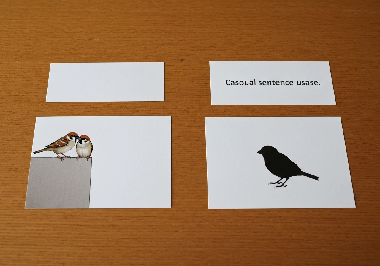 Two small blank vignette cards on a wooden table showing generic sparrows for nursery vs casual bird context.