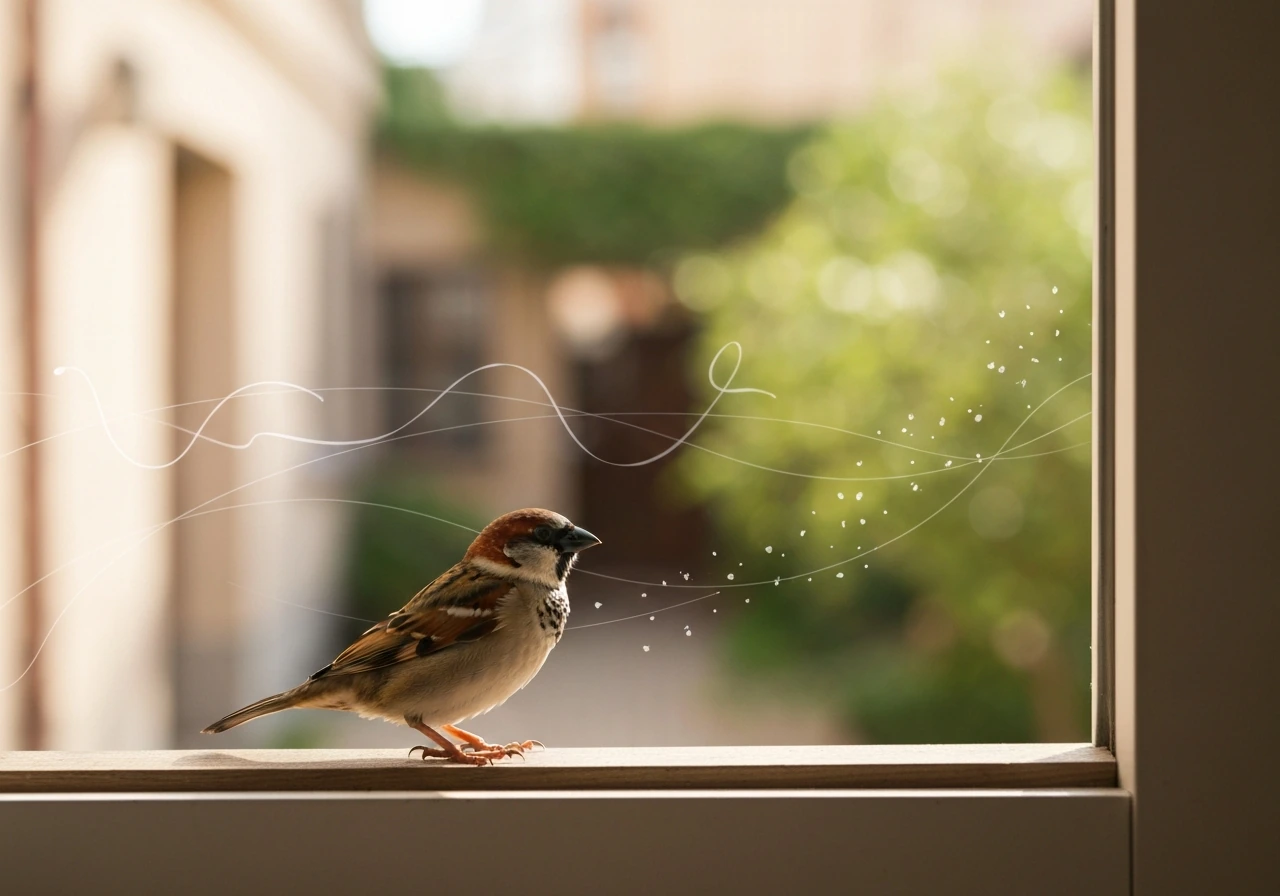 A house sparrow perched near soft threadlike motifs suggesting lullaby and folk symbolism