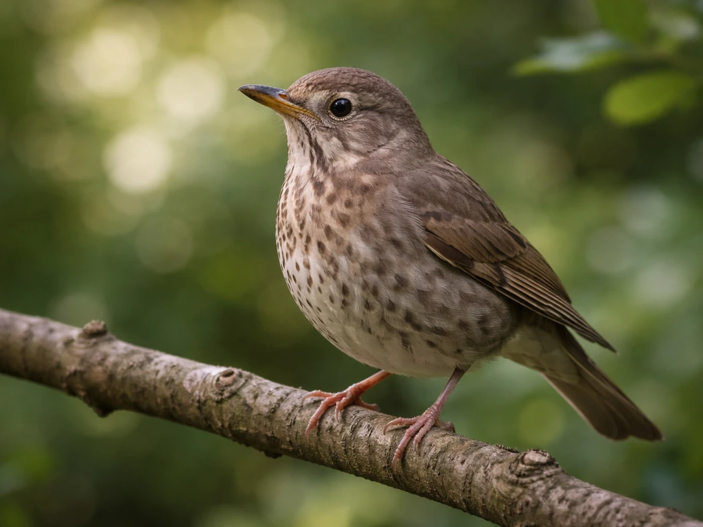 Close-up of a thrush bird perched on a branch with soft green background bokeh.