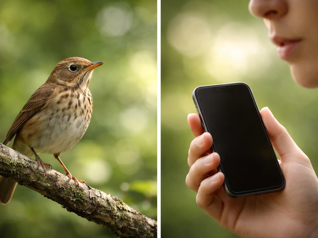 Split photo: a perched thrush-like bird on one side and an anonymous voice-mood scene on the other.