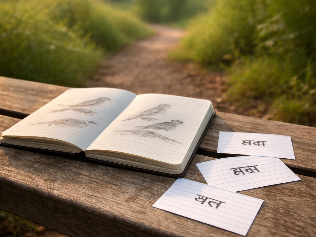 Birdwatching notebook with Hindi bird-name cards showing the word थ्रश in a minimal outdoor setting