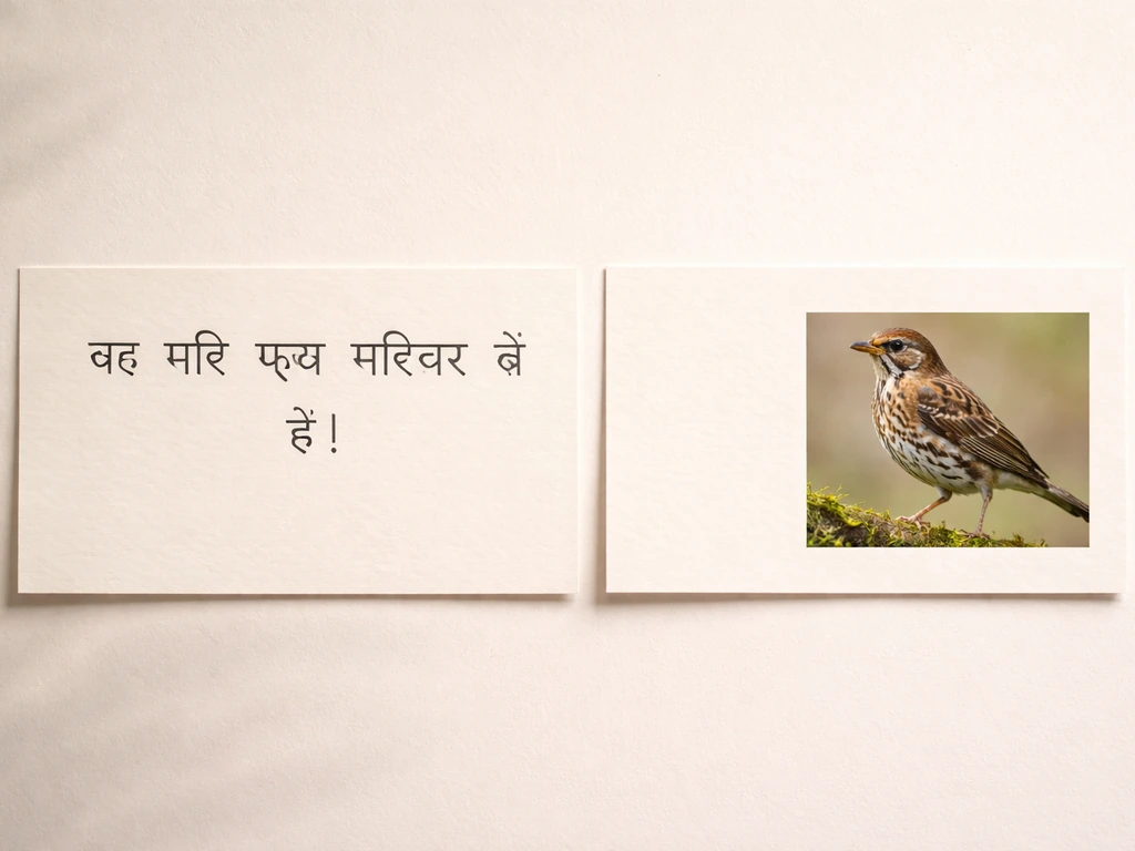 Handwritten Hindi sentence card with a small thrush bird photo thumbnail beside it