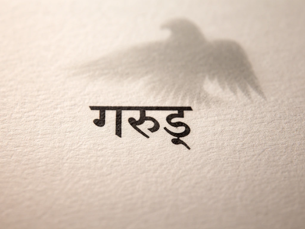 Close-up of the Hindi word गरुड़ in Devanagari, with a softly blurred raptor silhouette behind.