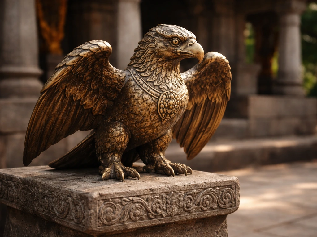 Garuda-inspired eagle-like sculpture detail with Hindu mythology ambiance in a quiet temple courtyard.