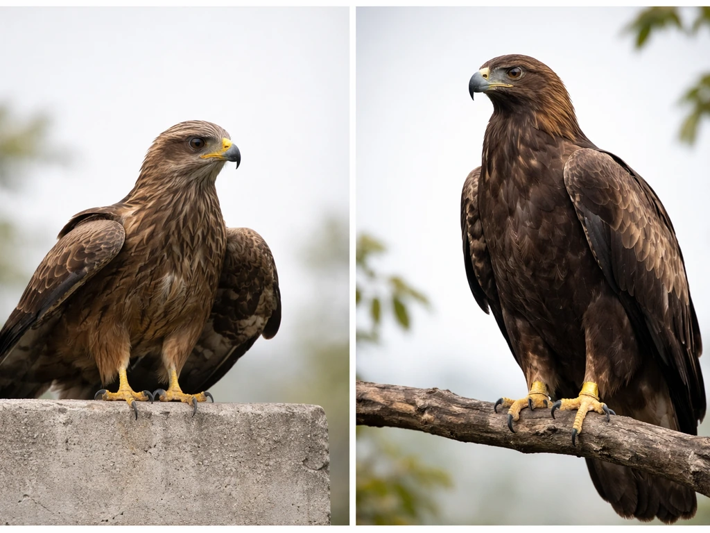 Side-by-side photo style showing a black kite and a larger eagle-like raptor perched outdoors