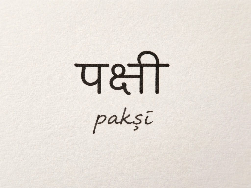 Close-up of Devanagari word पक्षी in clear focus with soft notebook-style romanization cue nearby