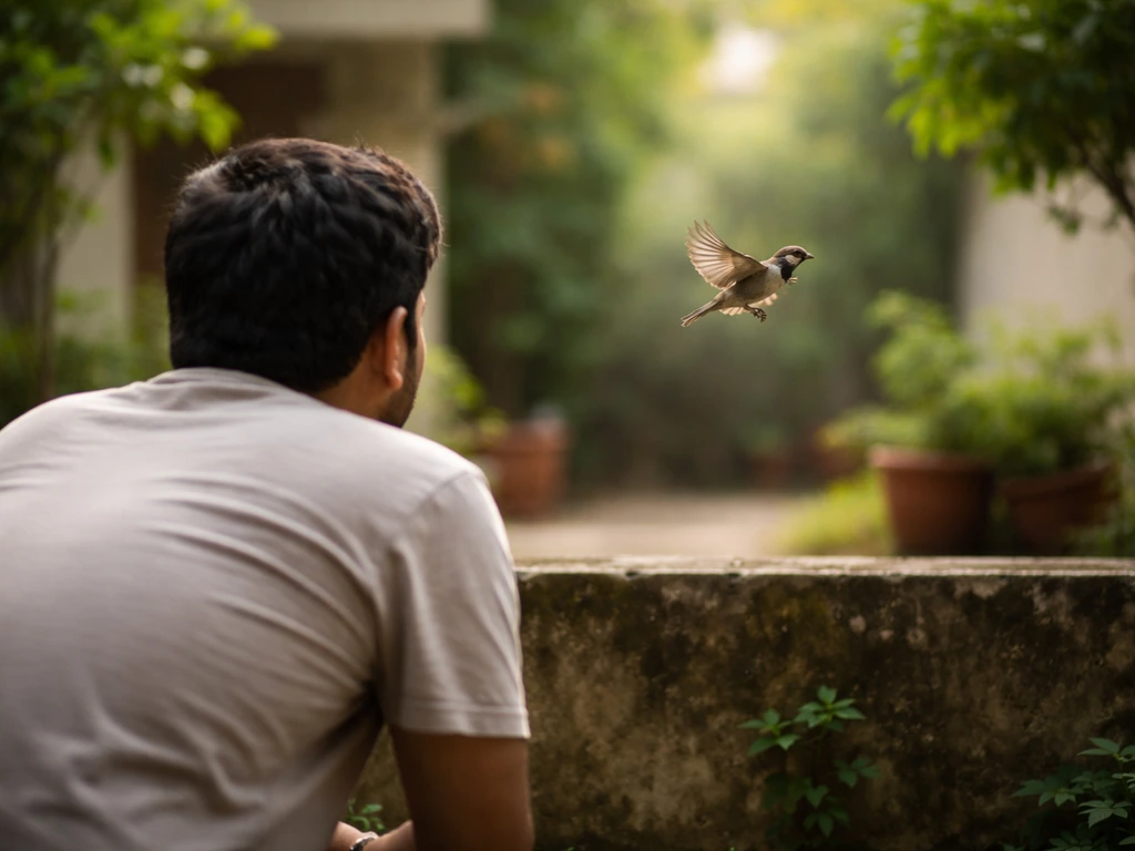 A person in a courtyard watches a small bird fly upward in daylight.