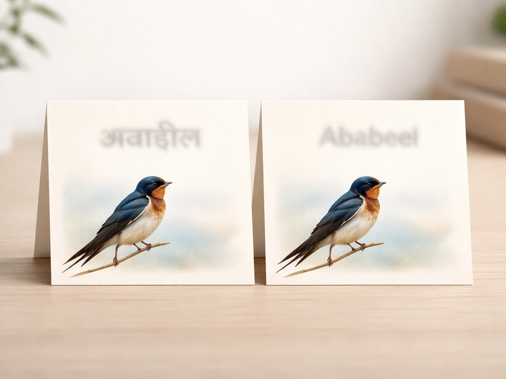 Minimal side-by-side swallow bird comparison cards on a desk, with soft Hindi/English text shapes, no readable words.