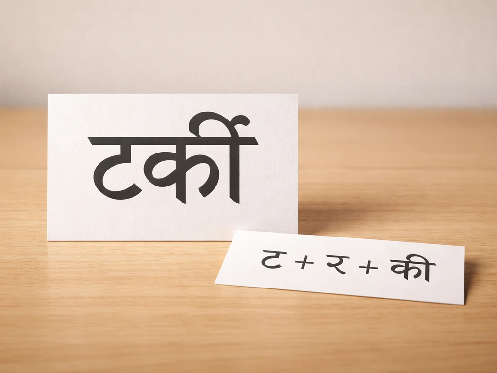 Minimal tabletop with bold Devanagari callouts reading टर्की and ט + र + की pronunciation hint.