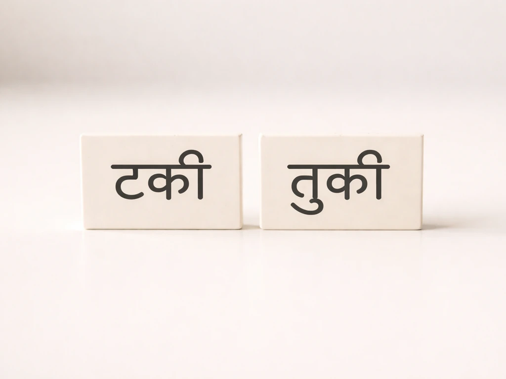 Two Devanagari word tiles side-by-side showing टर्की (bird) and तुर्की (country), highlighting first-letter difference.
