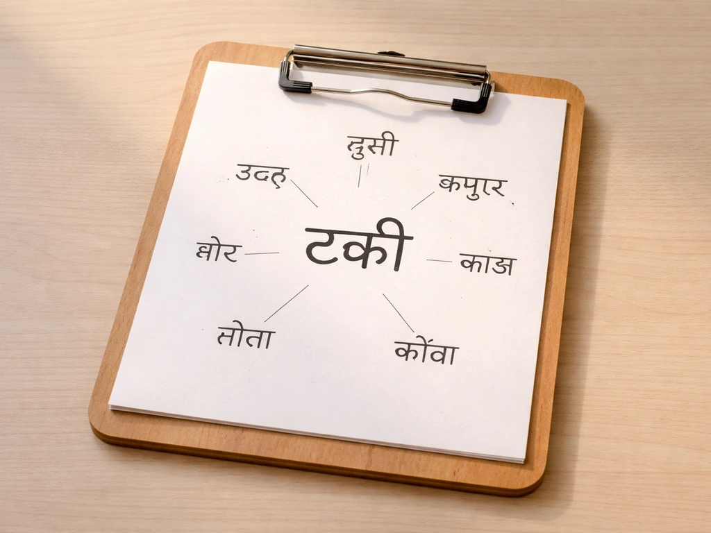 Minimal photo of a small clipboard with neat handwritten bird names in Hindi around a central “टर्की”.
