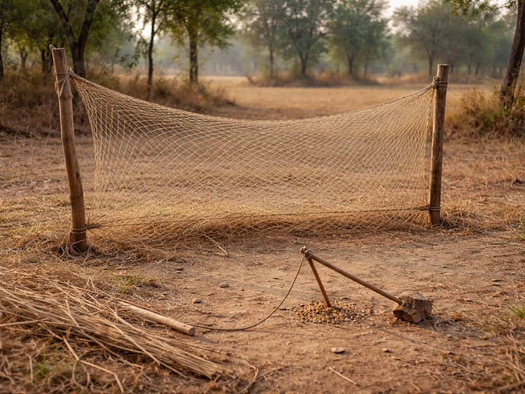 Traditional bird-catching net and small trap setup in a quiet rural outdoor Indian landscape, no people.