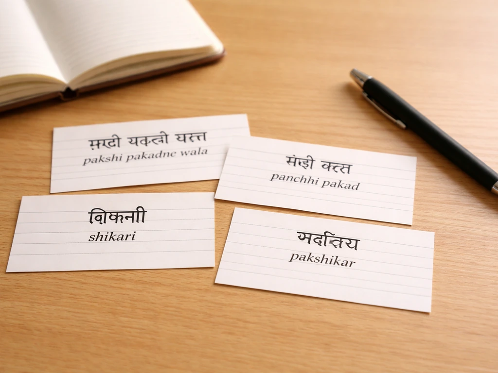 Wood desk with a few blank index cards showing Hindi “bird catcher” term options and transliteration lines.