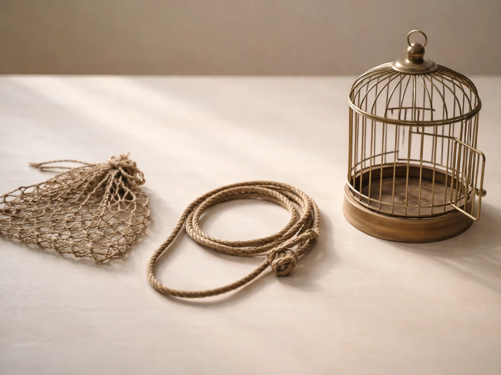 Close-up objects showing a net, a snare/noose loop, and a bird cage side by side in a simple setting.