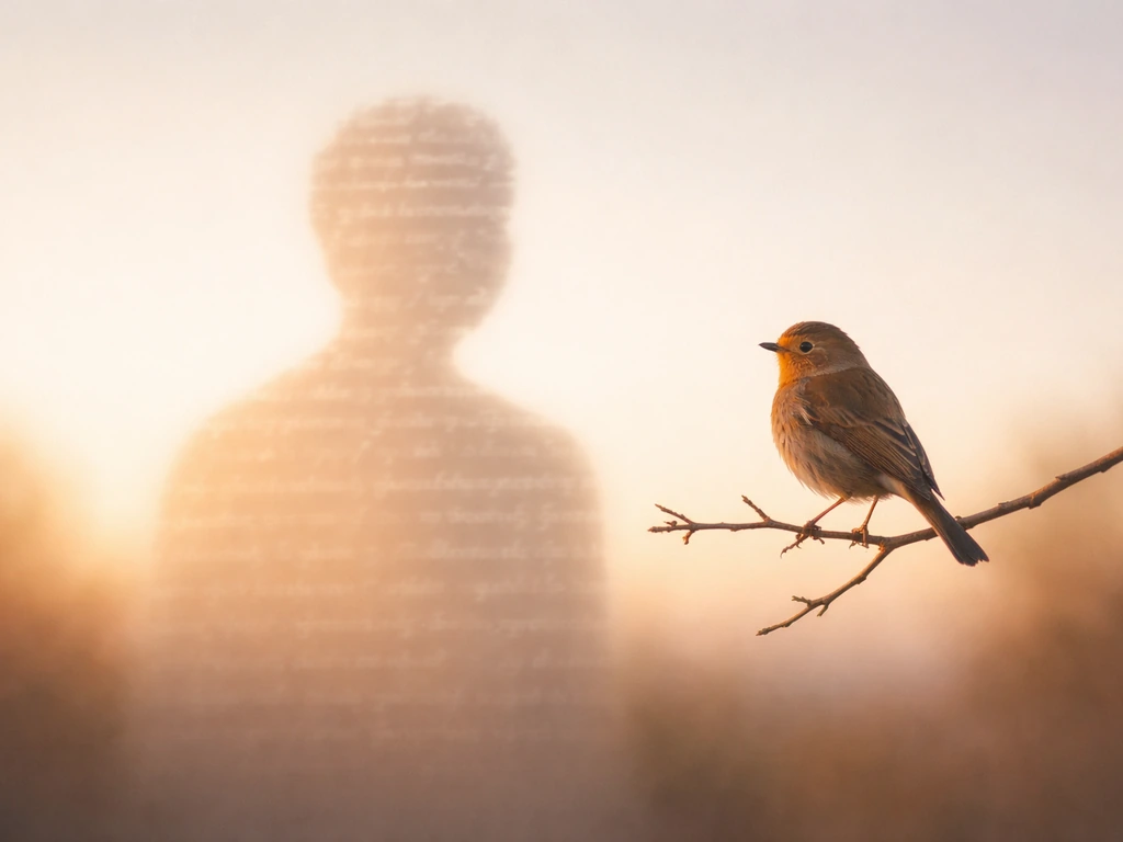 Small bird perched near an abstract human silhouette made of blurred quote-like lines symbolizing freedom.