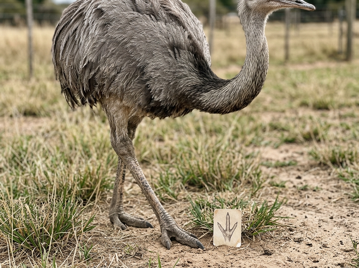 Close-up of rhea’s long neck and three-toed foot showing it’s a ratite