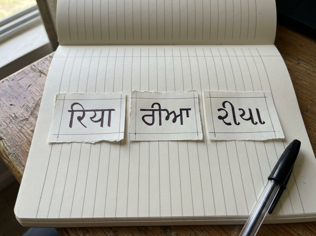 Side-by-side comparison of transliterations for “Rhea” across Indian language scripts