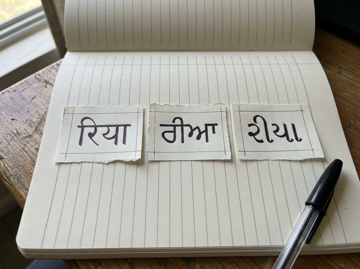 Side-by-side comparison of transliterations for “Rhea” across Indian language scripts