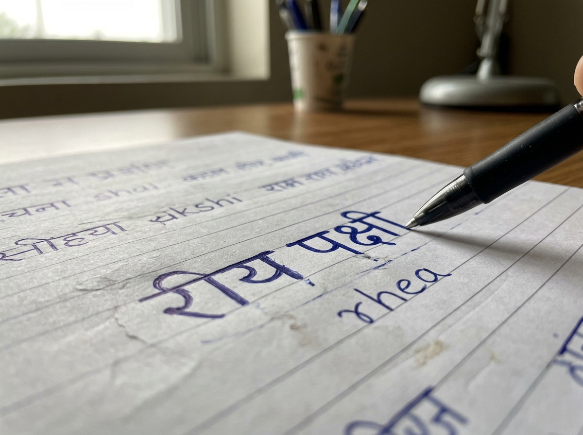Handwriting practice showing “रिया पक्षी” for rhea bird in Hindi