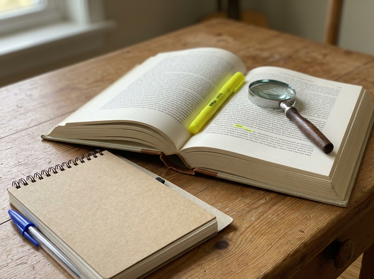 Open book with highlighted “rhea” term and notes for decoding meaning in context