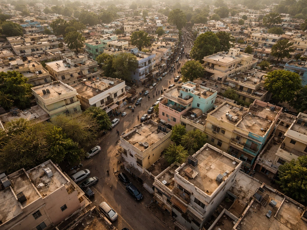 High-altitude top-down view of a city neighborhood showing an overall “birds-eye view” perspective.