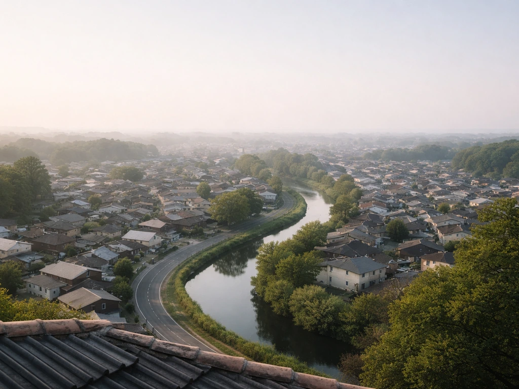 ऊँचाई से शहर/इलाके का व्यापक नज़ारा, पक्षी जैसी “bird’s-eye view” अनुभूति