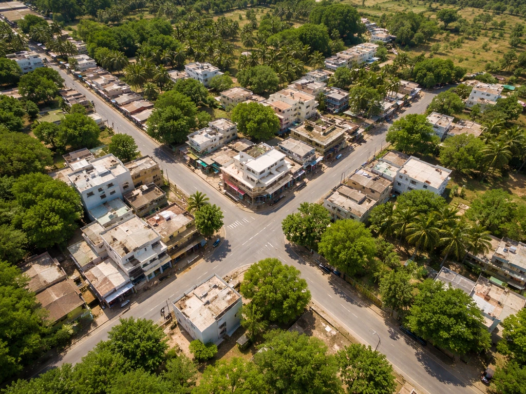 Top-down aerial view of a city neighborhood showing streets and buildings like a map, no text