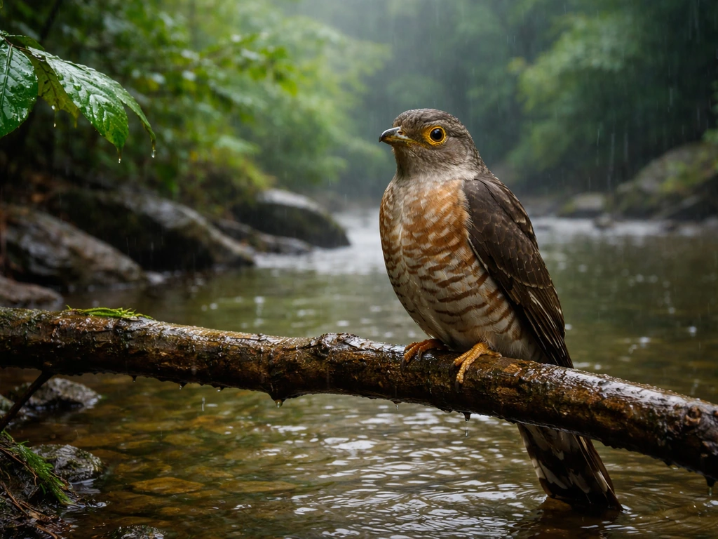 A colorful papiha bird perched on rain-washed branches beside a calm monsoon stream.