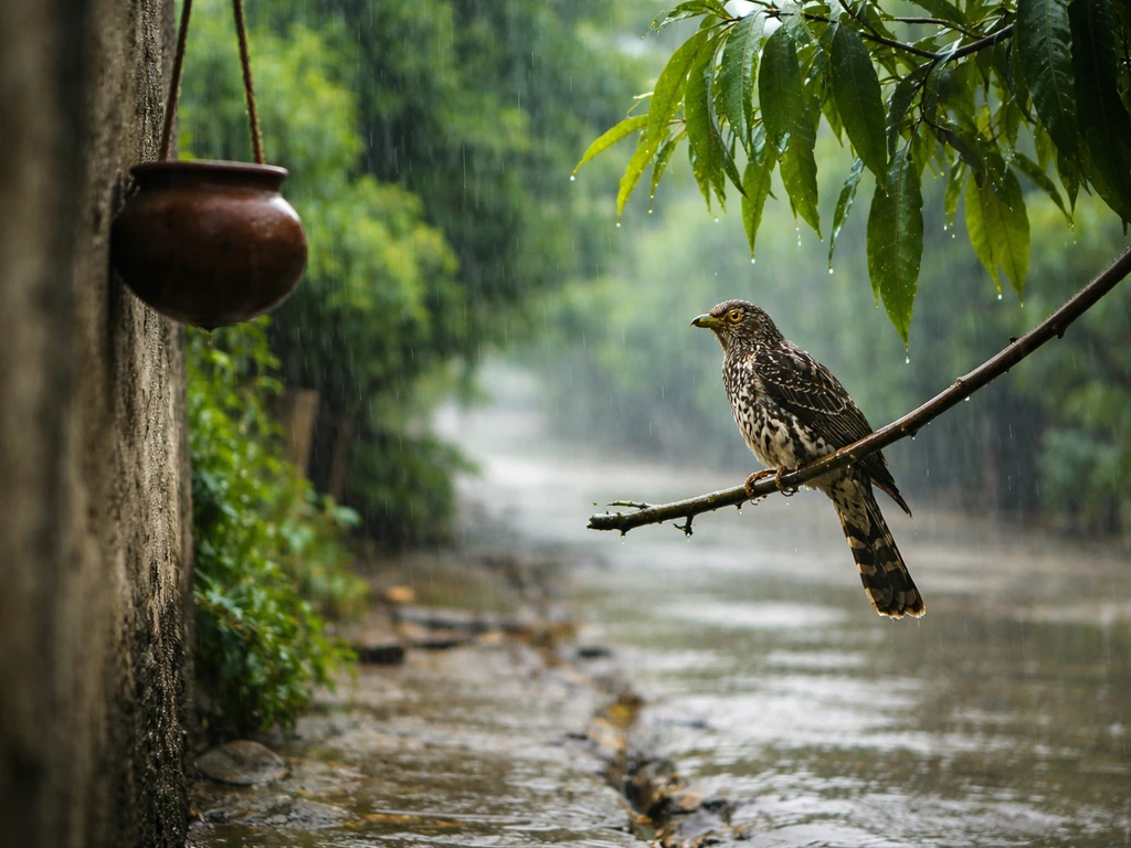 Colorful cuckoo (papiha) perched on a branch in rainy monsoon street setting with wet ground.