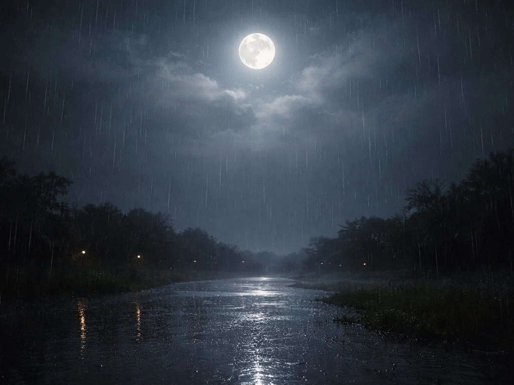 Full moon above misty monsoon clouds, with soft rain streaks in a minimal night sky scene.