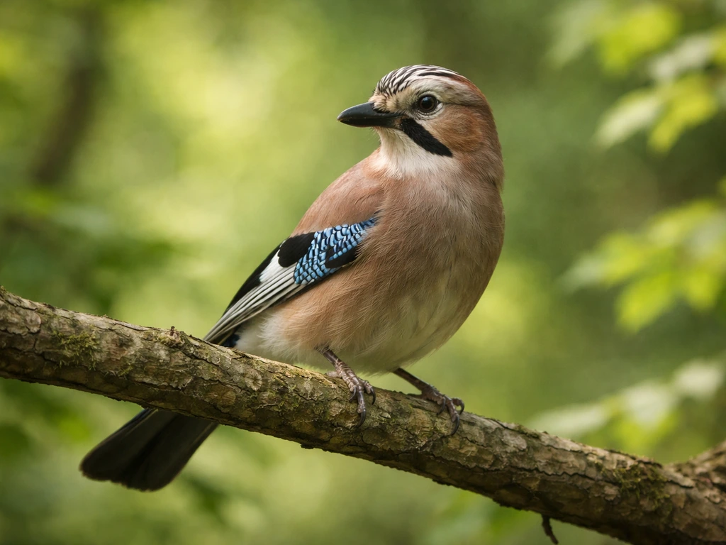 Eurasian jay on a branch in soft daylight, focusing on its blue markings and natural habitat.