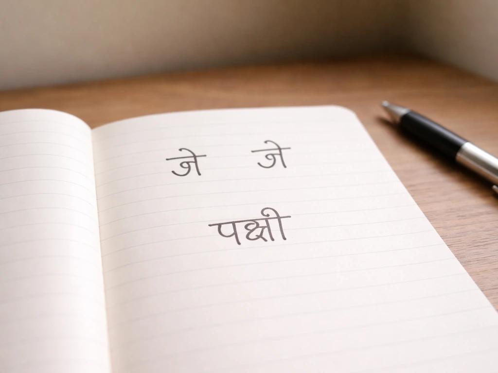 Close-up of notebook showing handwritten Devanagari characters जे and जै with पक्षी below.