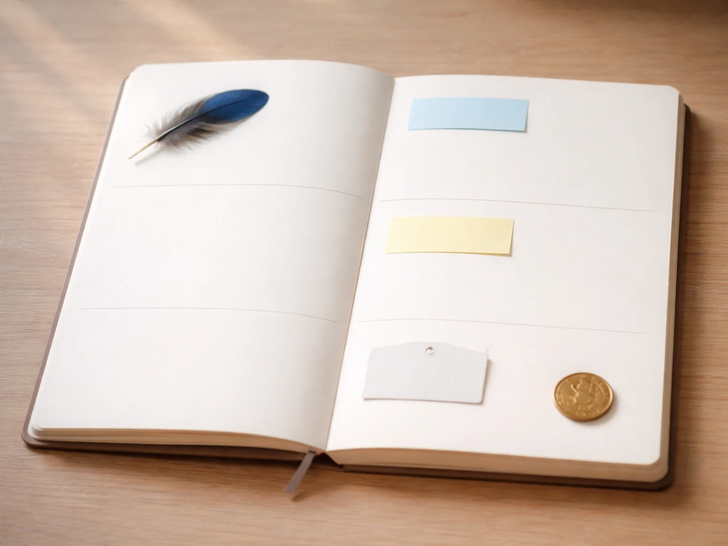 Minimal desk scene with bird feather, blank tag, and brass coin to suggest three meanings of “jay” by context.
