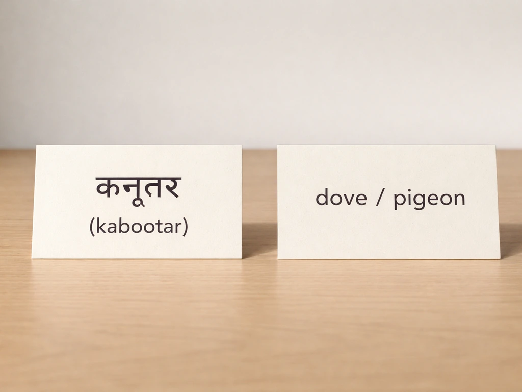 Two side-by-side word cards showing Hindi kabootar and English dove/pigeon meanings.