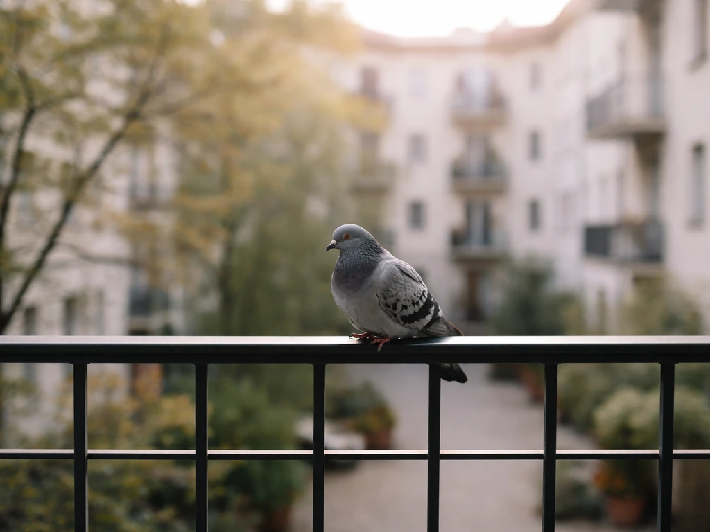 Small gray dove/pigeon perched on a balcony railing in warm morning light