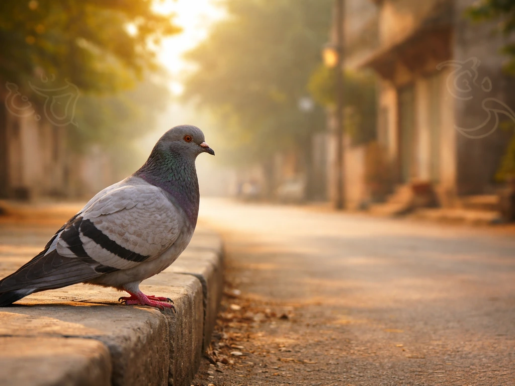 Close-up of a pigeon/dove on a quiet street with subtle scripted word-like shapes in the background