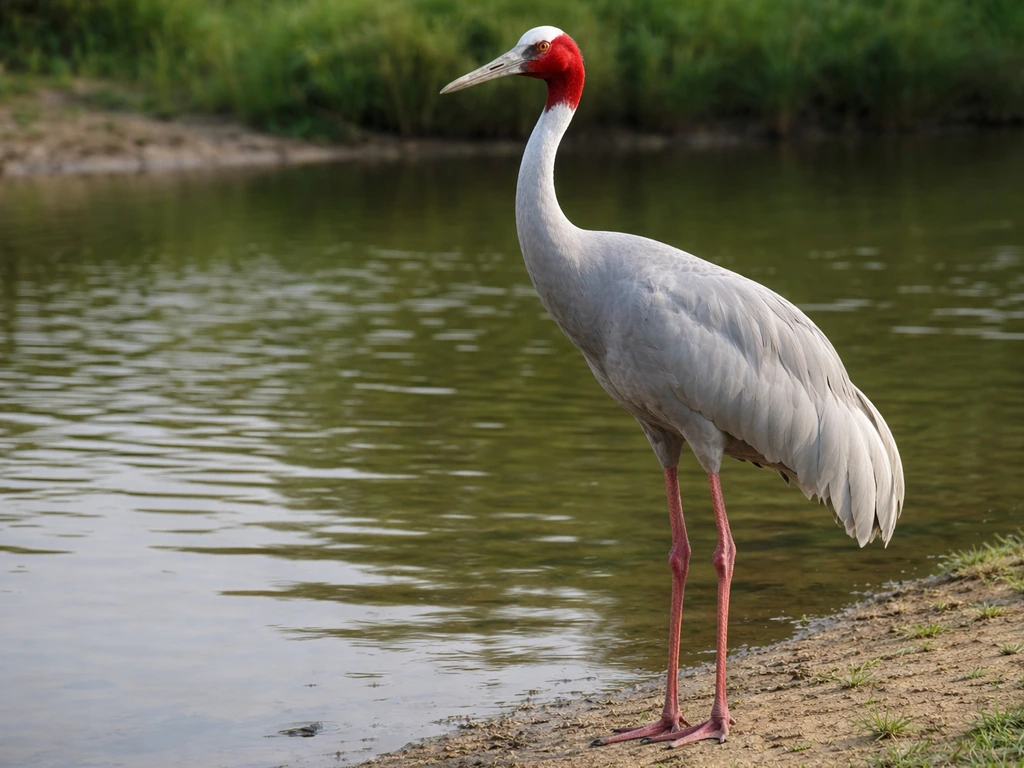 Close-up of a Sarus Crane by shallow water, showing long legs and red head clearly.