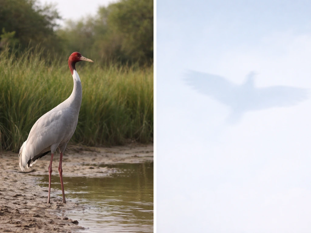 Split image: a real Sarus crane on one side and an abstract bird silhouette hinting symbolism on the other.