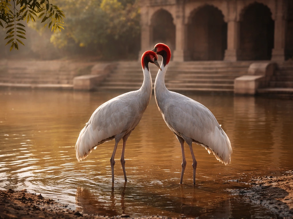 Two Sarus cranes in shallow pond water at dusk, shown as a symbol of fidelity and eternal love.