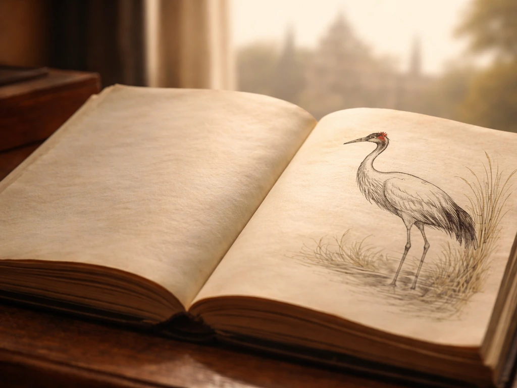 Open antique manuscript on a desk with an ink illustration of a Sarus crane in the margin.