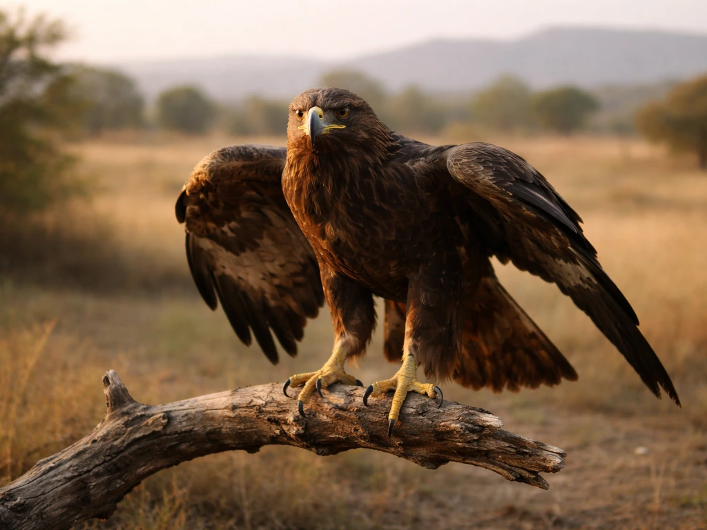 A raptor perched on a branch in a warm Indian landscape, close-up and eye-catching.