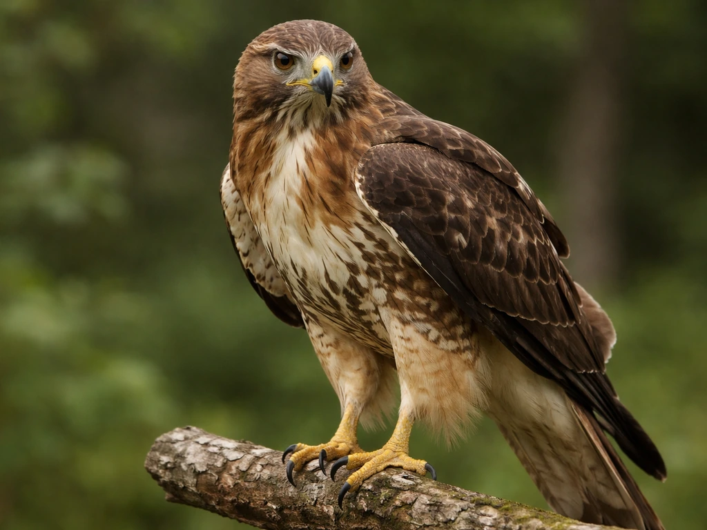 Close-up of an eagle/hawk perched outdoors, feathers sharp, blurred greenery background