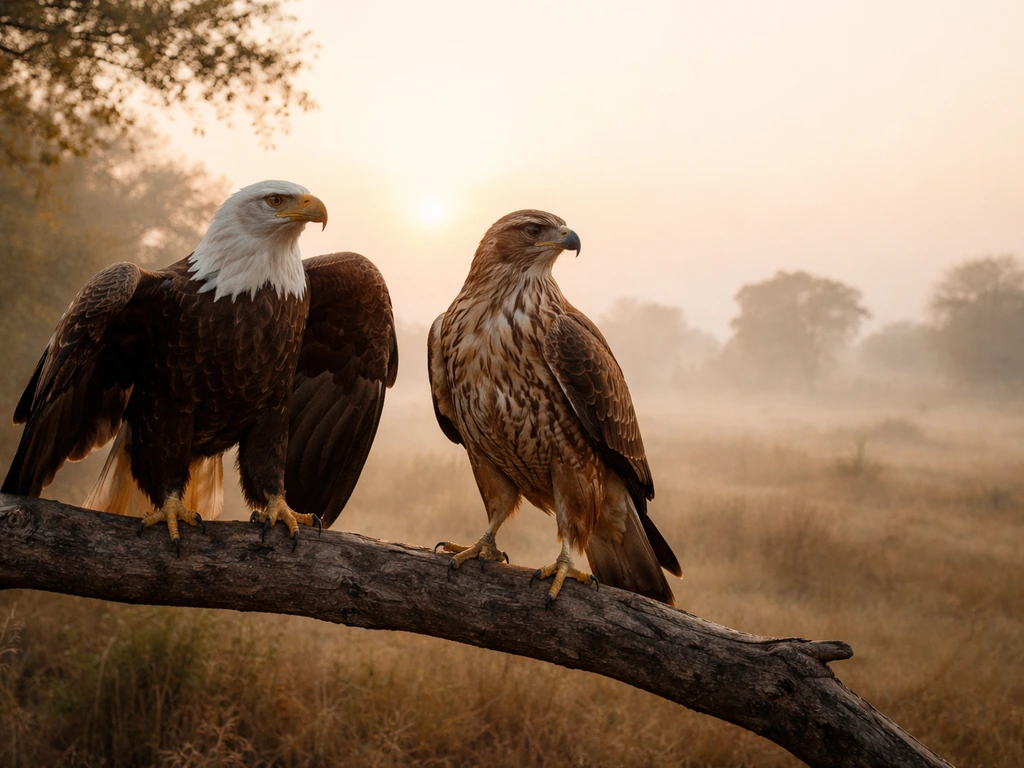 Two raptor birds perched on a tree branch at sunrise, symbolizing power, vigilance, and protection.