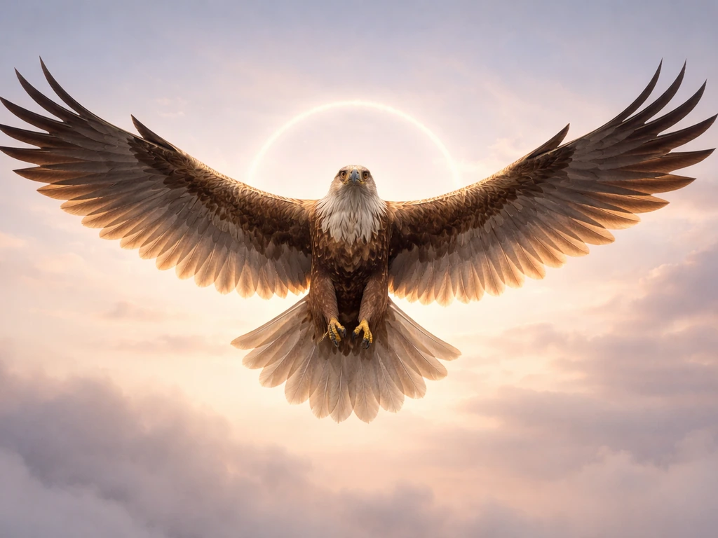 Garuda-like divine raptor with wide wings perched above misty clouds at dawn, cinematic and minimal.