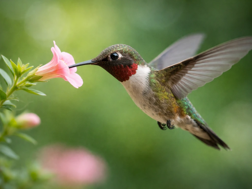 Hummingbird hovering by a blooming flower, wings blurred from rapid flapping as it sips nectar.