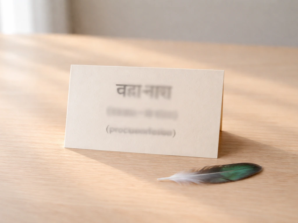 Warm desk scene with a single hummingbird feather and a tidy Devanagari spelling card without any visible text