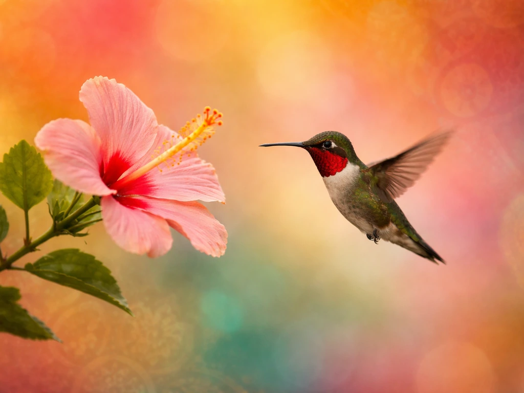 Colorful hummingbird hovering near a flower against a vibrant Indian-inspired backdrop.