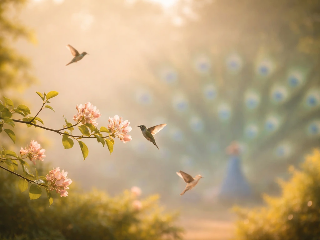 Misty garden branch with peacock-feather pattern and small bright birds including hummingbird-like silhouettes