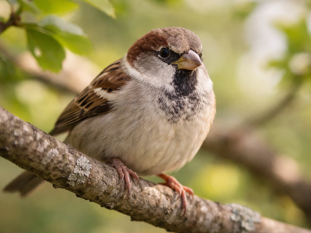 A small sparrow perched on a tree branch with soft green leaves in the background.